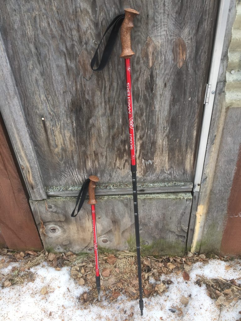 Red and black trekking poles, one extended to full length, balance on a shed.